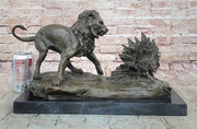 Lion vs. Porcupine Bronze Statue Sculpture Wildlife Art Decor on Marble Base 