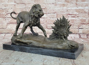 Lion vs. Porcupine Bronze Statue Sculpture Wildlife Art Decor on Marble Base 