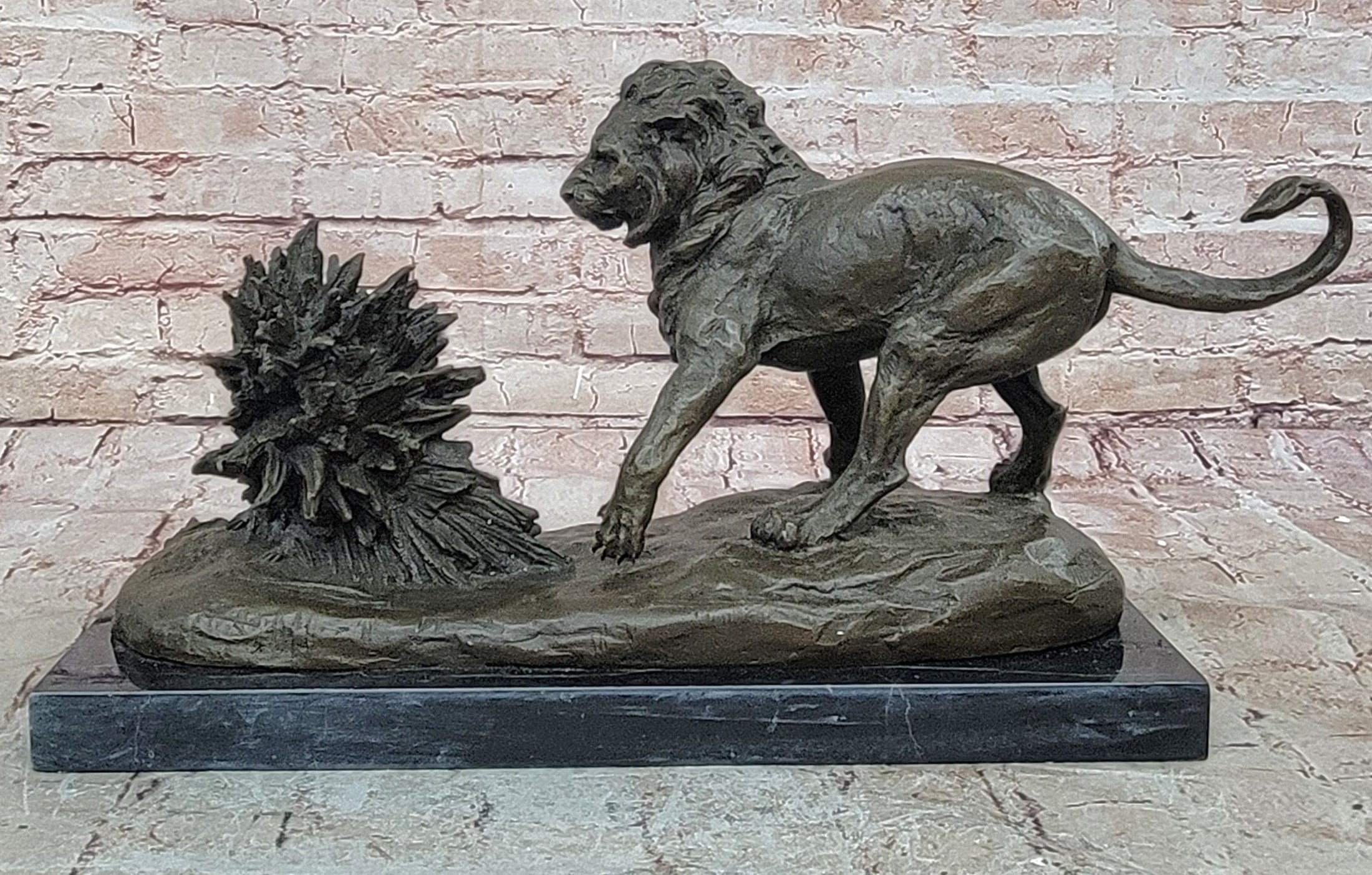 Lion vs. Porcupine Bronze Statue Sculpture Wildlife Art Decor on Marble Base 