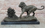Lion vs. Porcupine Bronze Statue Sculpture Wildlife Art Decor on Marble Base 
