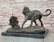 Lion vs. Porcupine Bronze Statue Sculpture Wildlife Art Decor on Marble Base 