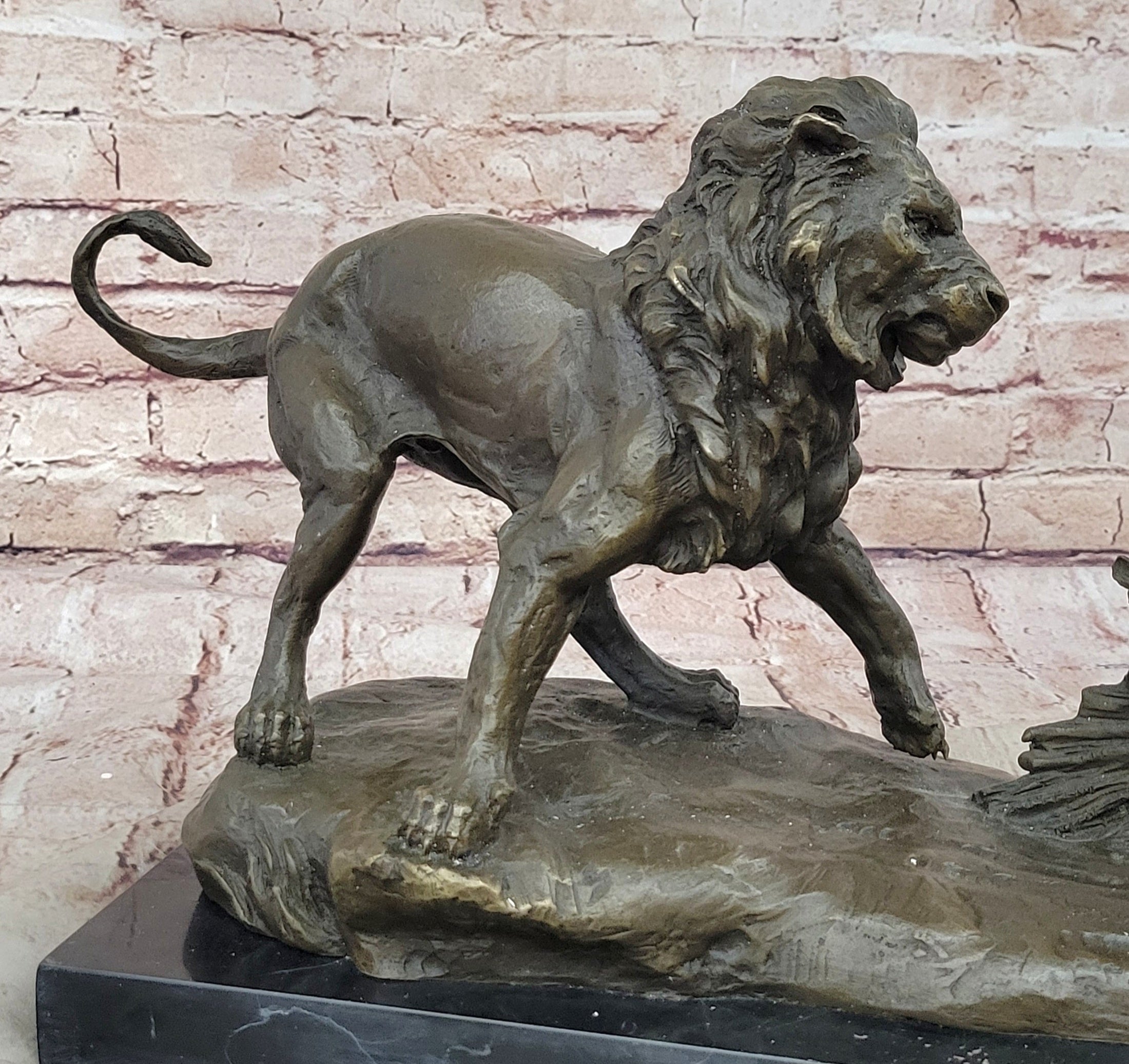 Lion vs. Porcupine Bronze Statue Sculpture Wildlife Art Decor on Marble Base 