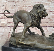 Lion vs. Porcupine Bronze Statue Sculpture Wildlife Art Decor on Marble Base 