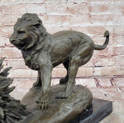 Lion vs. Porcupine Bronze Statue Sculpture Wildlife Art Decor on Marble Base 
