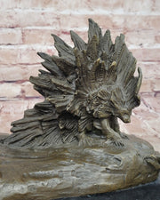 Lion vs. Porcupine Bronze Statue Sculpture Wildlife Art Decor on Marble Base 