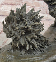 Lion vs. Porcupine Bronze Statue Sculpture Wildlife Art Decor on Marble Base 