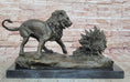 Load image into Gallery viewer, Lion vs. Porcupine Bronze Statue Sculpture Wildlife Art Decor on Marble Base 

