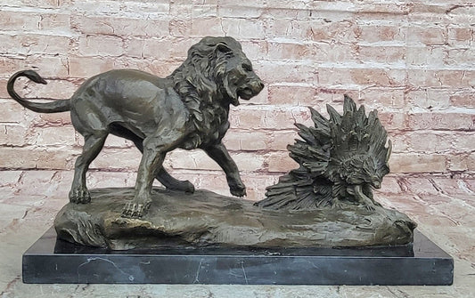 Lion vs. Porcupine Bronze Statue Sculpture Wildlife Art Decor on Marble Base 