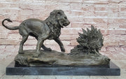 Lion vs. Porcupine Bronze Statue Sculpture Wildlife Art Decor on Marble Base 