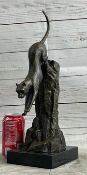 Panther Cougar Mountain Lion Cat Leaping Pouncing Down Bronze Sculpture Statue Art