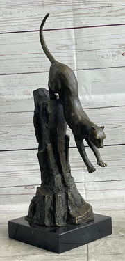 Panther Cougar Mountain Lion Cat Leaping Pouncing Down Bronze Sculpture Statue Art