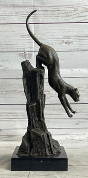 Panther Cougar Mountain Lion Cat Leaping Pouncing Down Bronze Sculpture Statue Art