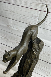 Panther Cougar Mountain Lion Cat Leaping Pouncing Down Bronze Sculpture Statue Art