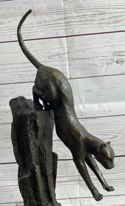 Panther Cougar Mountain Lion Cat Leaping Pouncing Down Bronze Sculpture Statue Art