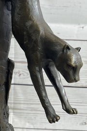 Panther Cougar Mountain Lion Cat Leaping Pouncing Down Bronze Sculpture Statue Art
