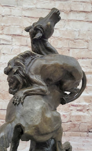 Lion Attacking Horse - Bronze Metal Sculpture by Antoine Barye on Marble Base