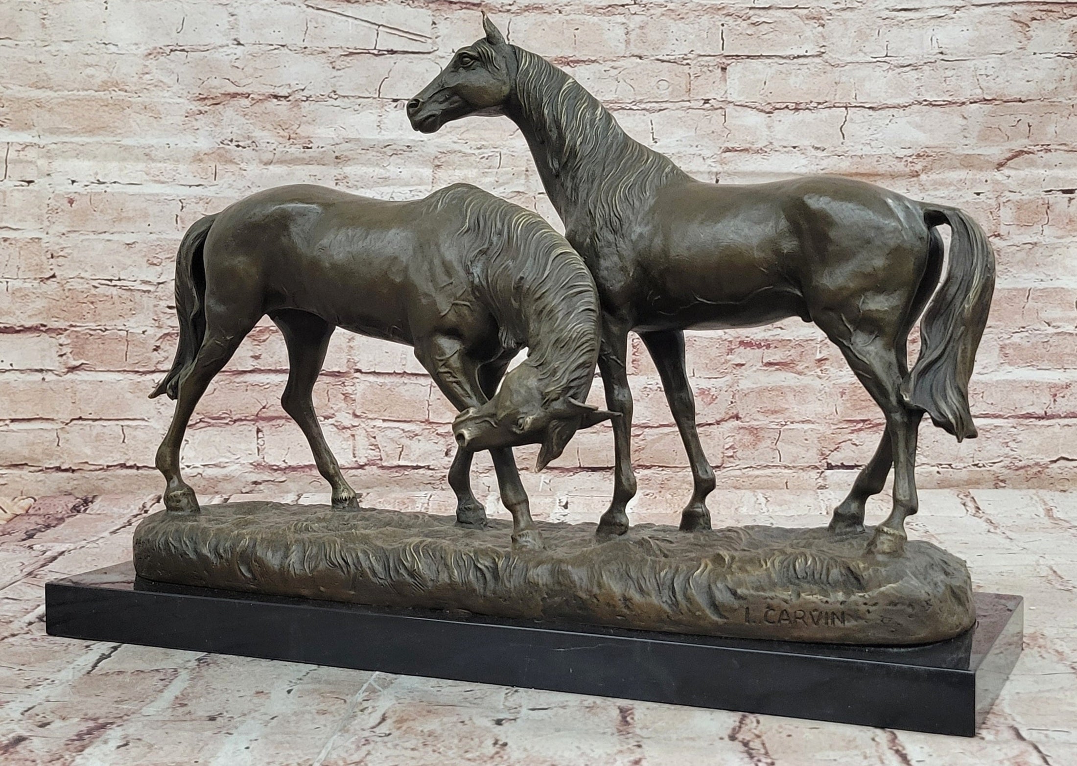 Necking Horses Equestrian Horse Lover Bronze Sculpture Statue Art Figure Marble Base