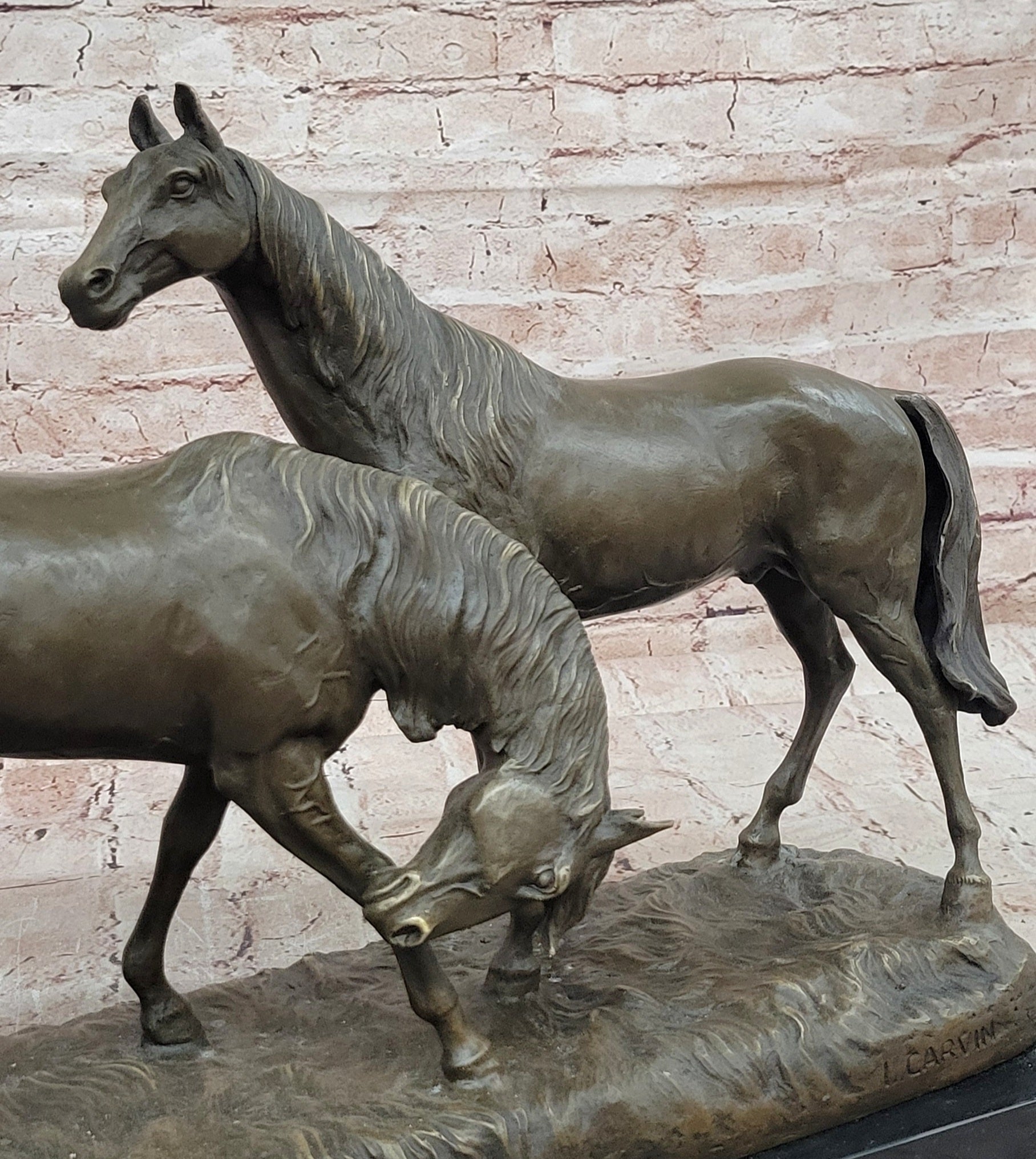 Necking Horses Equestrian Horse Lover Bronze Sculpture Statue Art Figure Marble Base