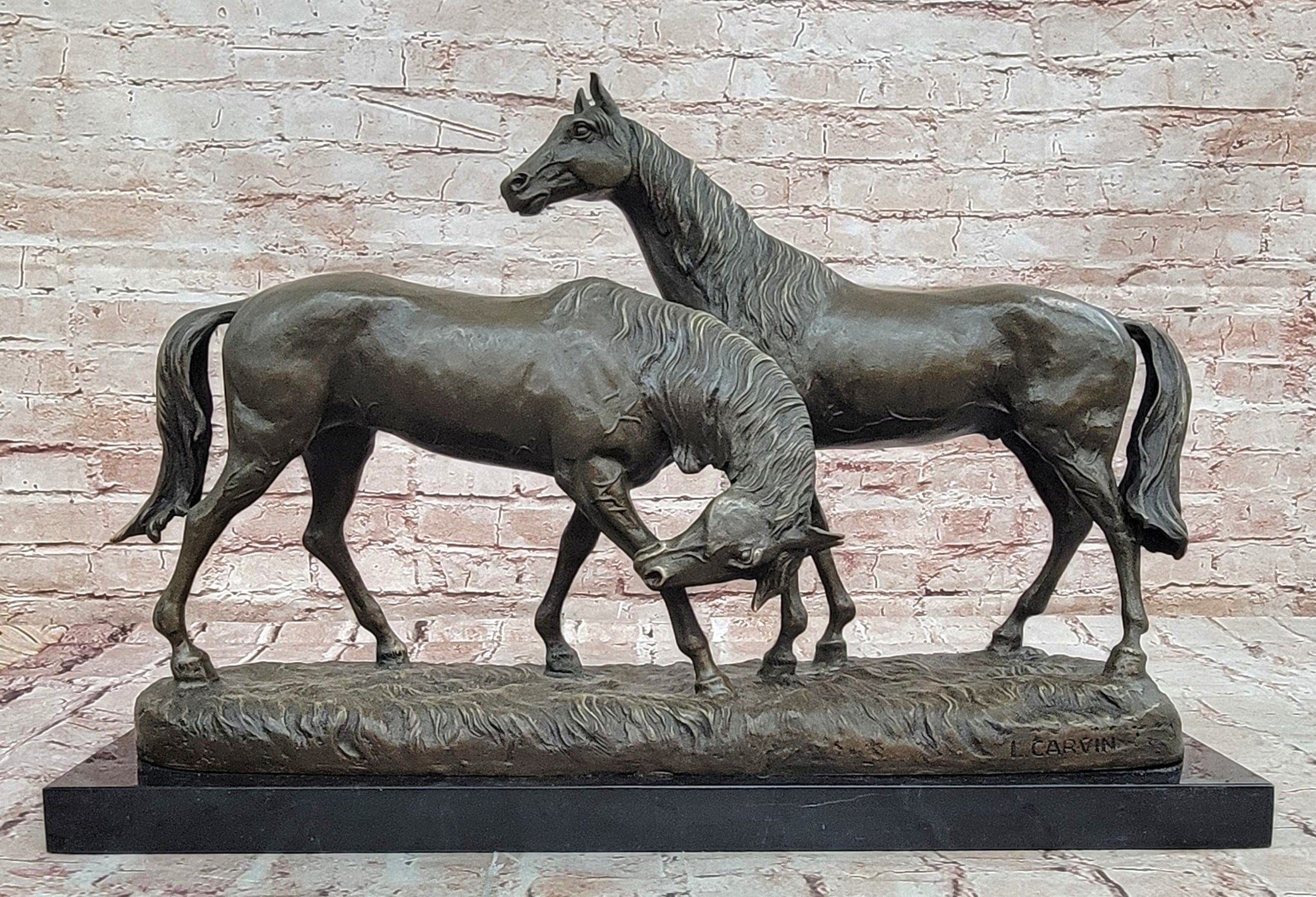 Necking Horses Equestrian Horse Lover Bronze Sculpture Statue Art Figure Marble Base