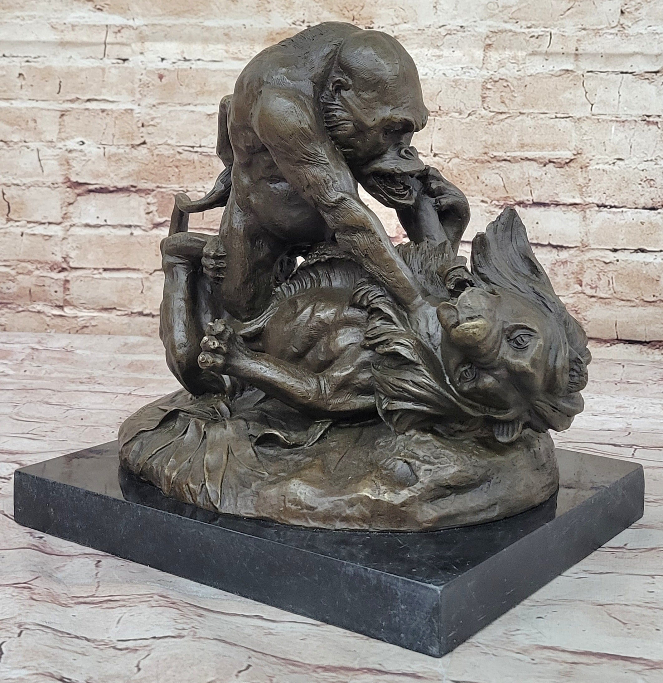 Bronze Sculpture Statue of a Gorilla vs. Lion by Clovis Edmon Masson