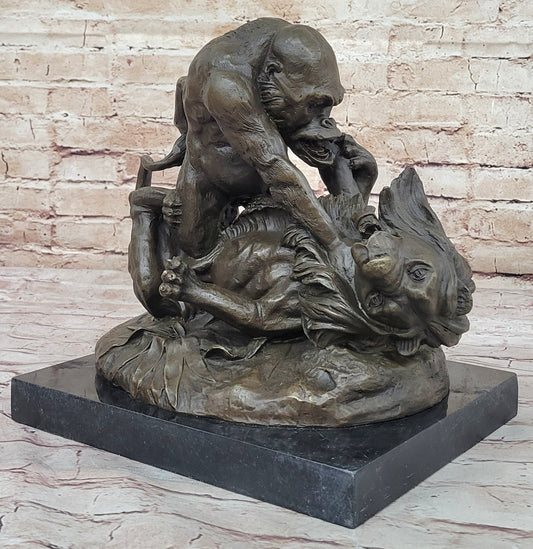 Bronze Sculpture Statue of a Gorilla vs. Lion by Clovis Edmon Masson