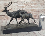 Deer Buck Elk and Doe Fawn Caribou Reindeer Bronze Statue Sculpture Marble Base 11