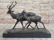 Deer Buck Elk and Doe Fawn Caribou Reindeer Bronze Statue Sculpture Marble Base 11