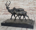 Deer Buck Elk and Doe Fawn Caribou Reindeer Bronze Statue Sculpture Marble Base 11