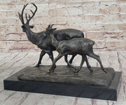 Deer Buck Elk and Doe Fawn Caribou Reindeer Bronze Statue Sculpture Marble Base 11