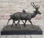 Deer Buck Elk and Doe Fawn Caribou Reindeer Bronze Statue Sculpture Marble Base 11