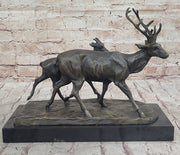 Deer Buck Elk and Doe Fawn Caribou Reindeer Bronze Statue Sculpture Marble Base 11
