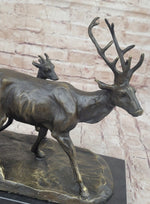 Deer Buck Elk and Doe Fawn Caribou Reindeer Bronze Statue Sculpture Marble Base 11
