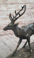 Load image into Gallery viewer, Deer Buck Elk and Doe Fawn Caribou Reindeer Bronze Statue Sculpture Marble Base 11" x 13"
