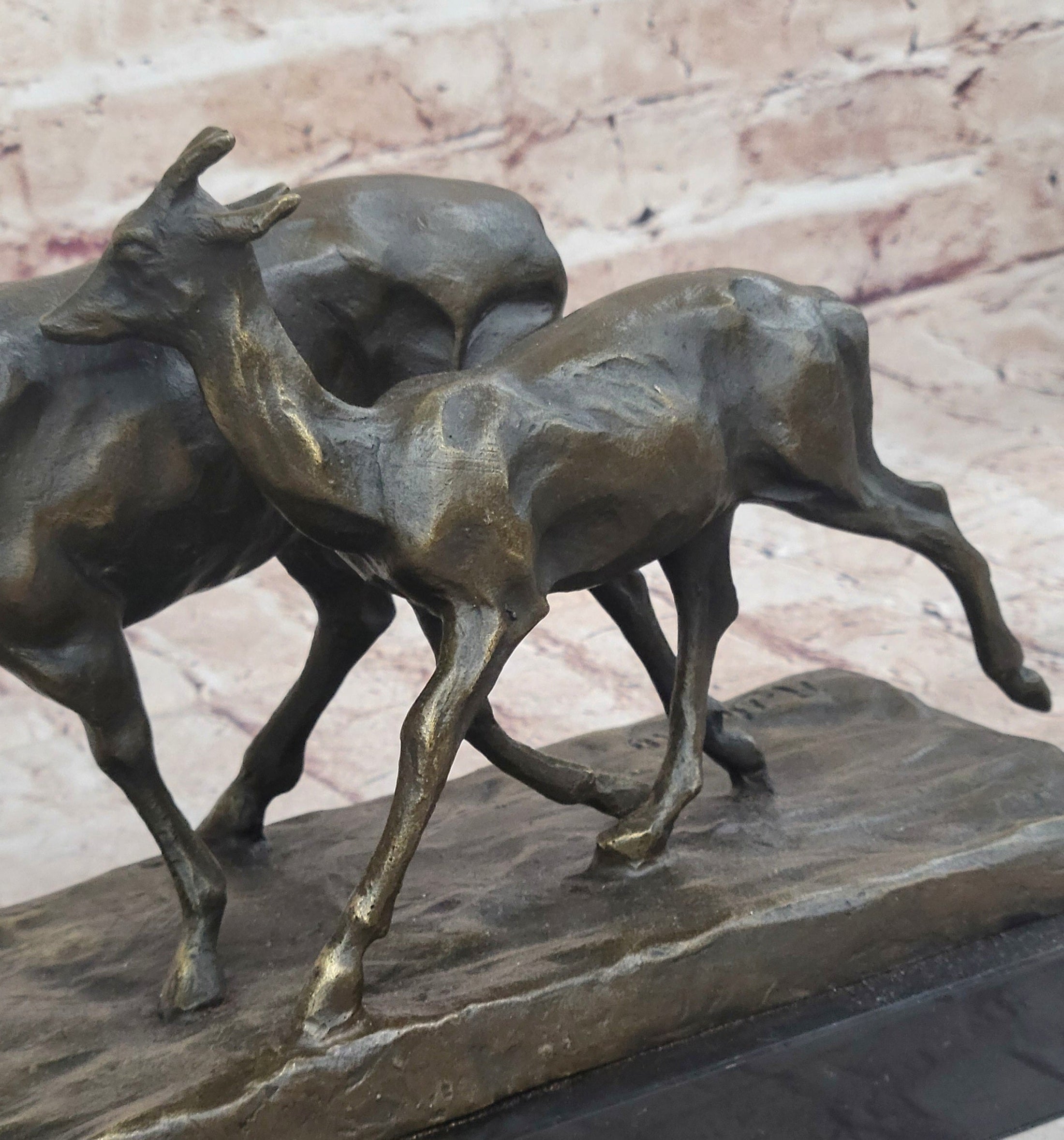 Deer Buck Elk and Doe Fawn Caribou Reindeer Bronze Statue Sculpture Marble Base 11" x 13"