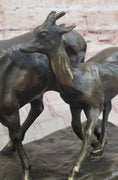 Load image into Gallery viewer, Deer Buck Elk and Doe Fawn Caribou Reindeer Bronze Statue Sculpture Marble Base 11" x 13"
