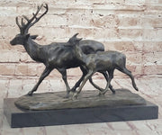 Deer Buck Elk and Doe Fawn Caribou Reindeer Bronze Statue Sculpture Marble Base 11