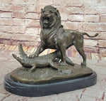 Majestic Bronze Lion vs Crocodile Statue by  Delabrierre – Wildlife Showdown on Marble Base