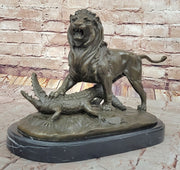 Majestic Bronze Lion vs Crocodile Statue by  Delabrierre – Wildlife Showdown on Marble Base