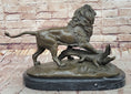 Load image into Gallery viewer, Majestic Bronze Lion vs Crocodile Statue by  Delabrierre – Wildlife Showdown on Marble Base
