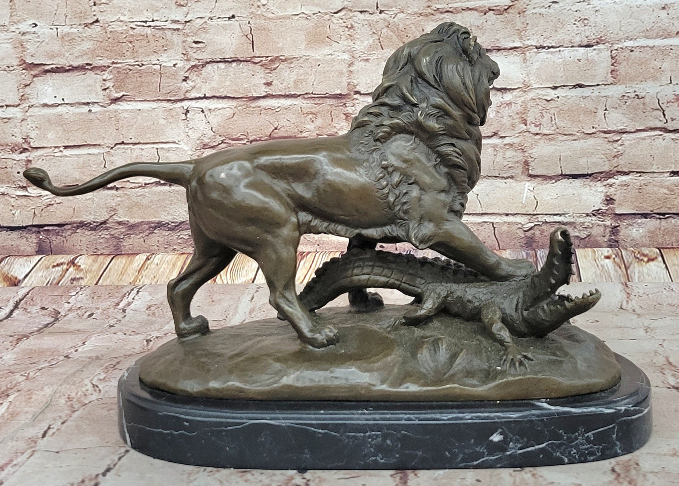Majestic Bronze Lion vs Crocodile Statue by  Delabrierre – Wildlife Showdown on Marble Base