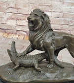 Majestic Bronze Lion vs Crocodile Statue by  Delabrierre – Wildlife Showdown on Marble Base