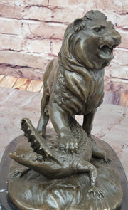Majestic Bronze Lion vs Crocodile Statue by  Delabrierre – Wildlife Showdown on Marble Base
