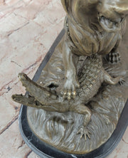 Majestic Bronze Lion vs Crocodile Statue by  Delabrierre – Wildlife Showdown on Marble Base