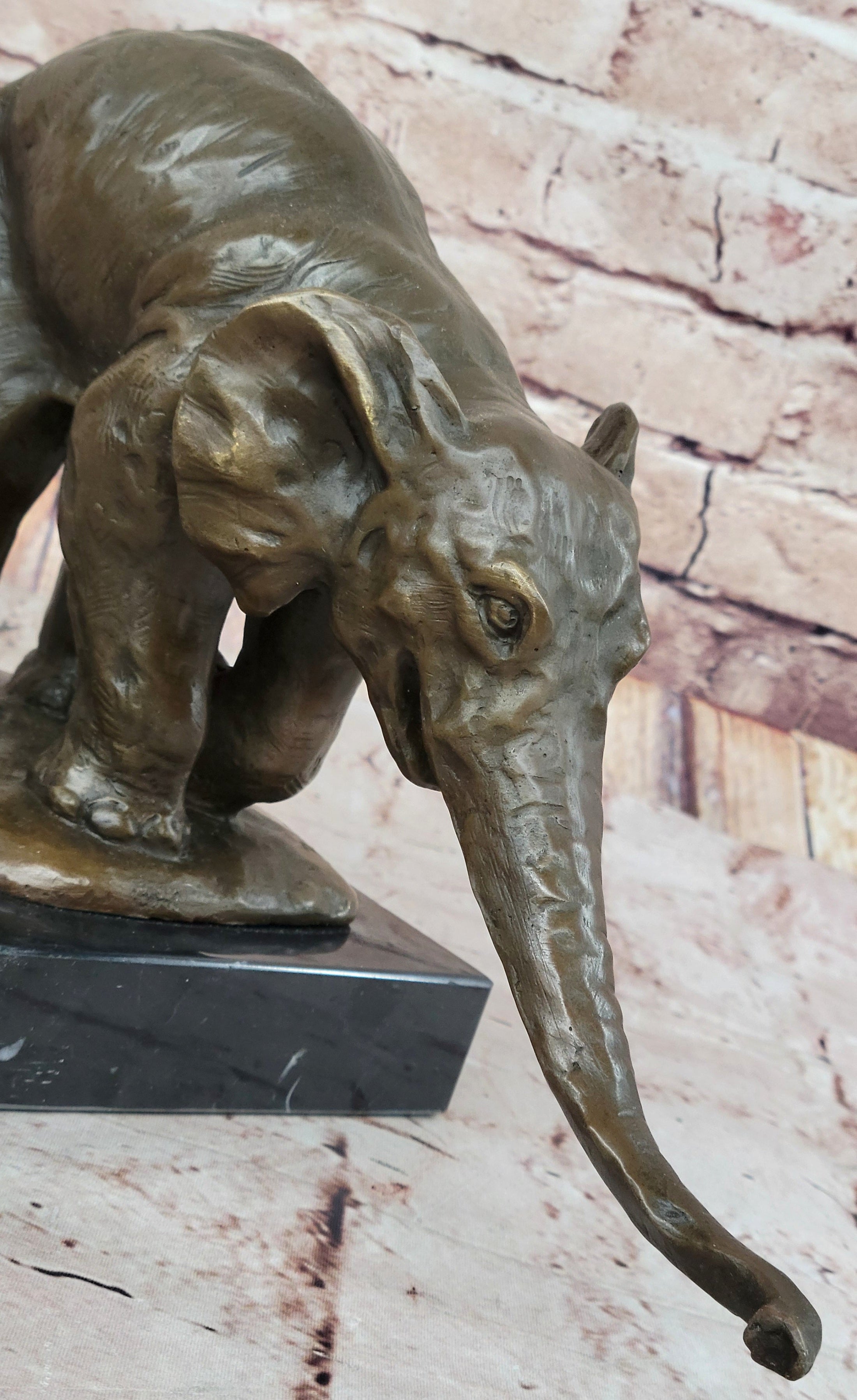 Bronze Elephant Sculpture with Outstretched Trunk – Wildlife Art on Marble Base