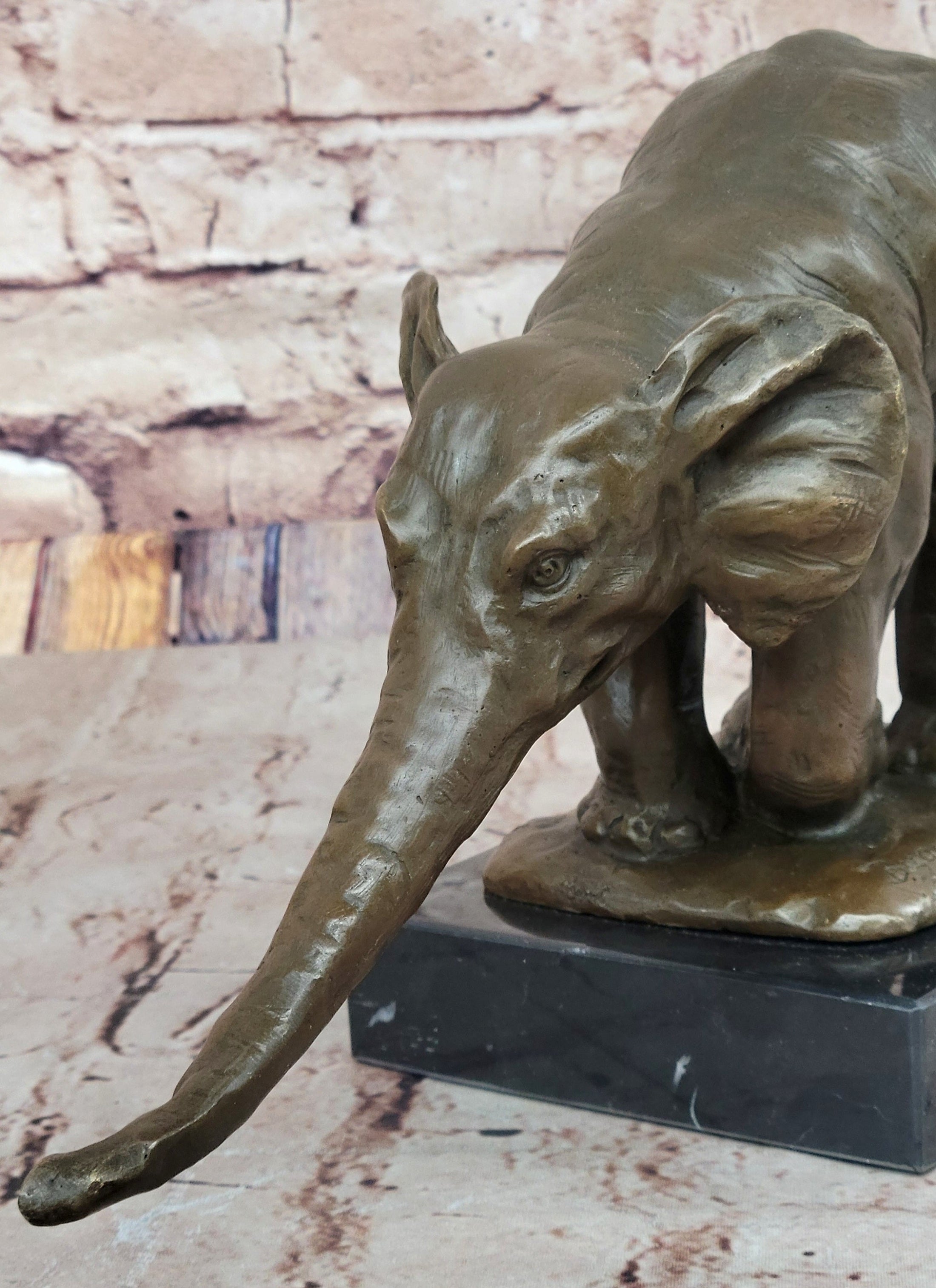 Bronze Elephant Sculpture with Outstretched Trunk – Wildlife Art on Marble Base