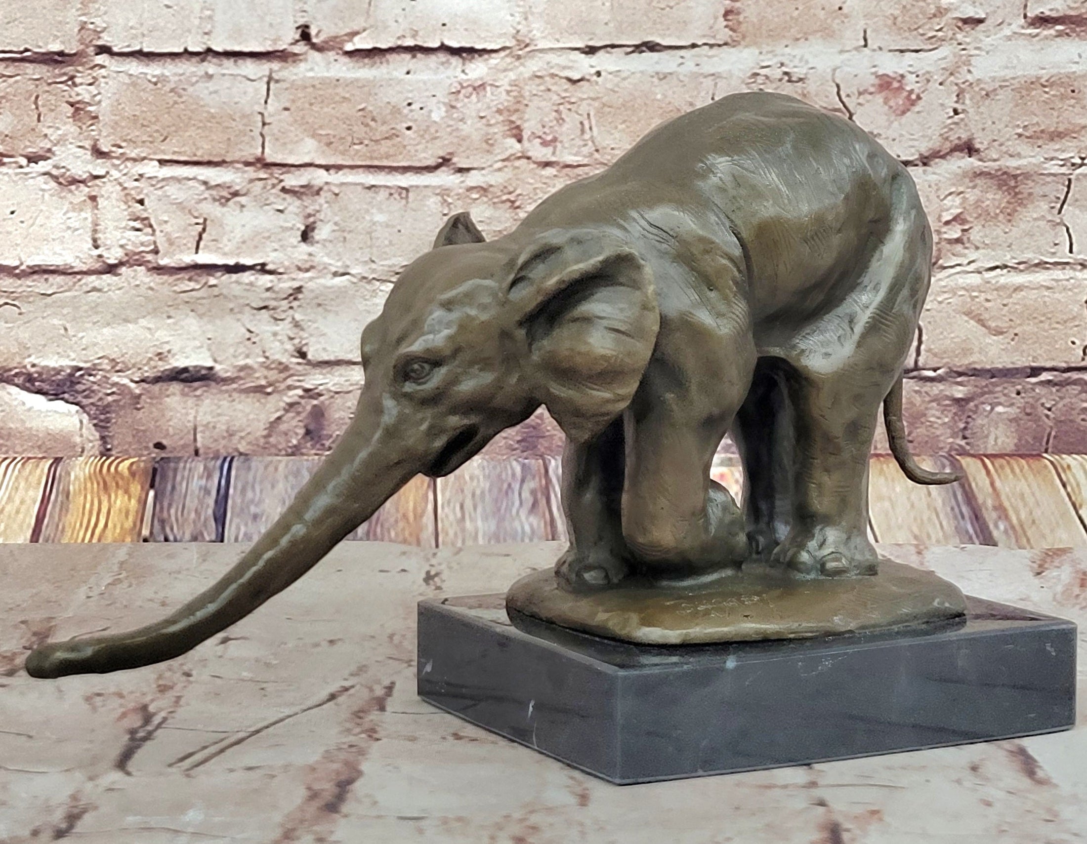 Bronze Elephant Sculpture with Outstretched Trunk – Wildlife Art on Marble Base