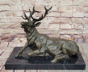 Stag Buck Elk Deer Laying Down - Bronze Wildlife Sculpture by Milo on Marble Base
