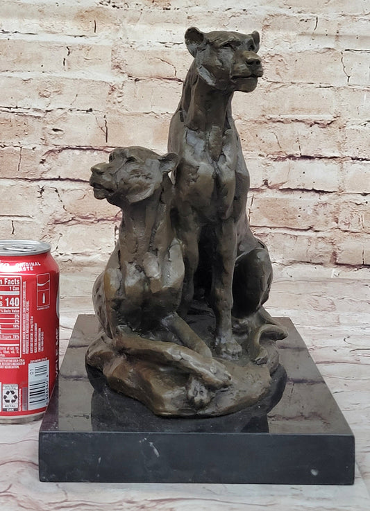 Impressionist Bronze Art Sculpture of a Pair of Female Lions Lionesses on Marble Base