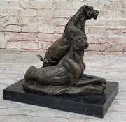 Impressionist Bronze Art Sculpture of a Pair of Female Lions Lionesses on Marble Base