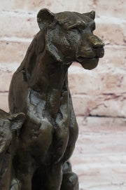 Impressionist Bronze Art Sculpture of a Pair of Female Lions Lionesses on Marble Base